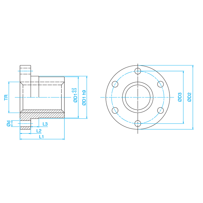 Гайка трапецеидальная с фланцем (бронза) d=24 мм, шаг резьбы 5 мм (прав. резьба), BFM 24-5-D ISKRA