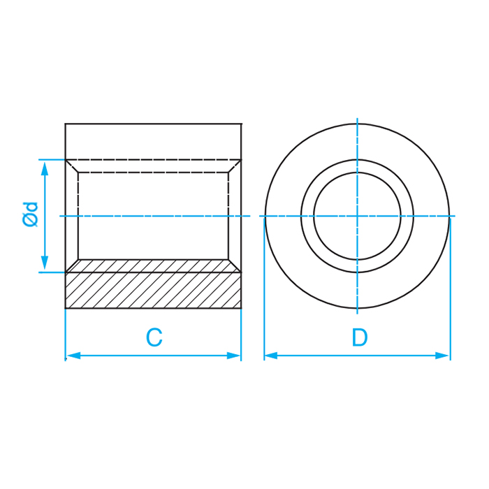 Гайка трапецеидальная (бронза) d=28 мм, шаг резьбы 5 мм (прав. резьба), LRM 28-5-D ISKRA